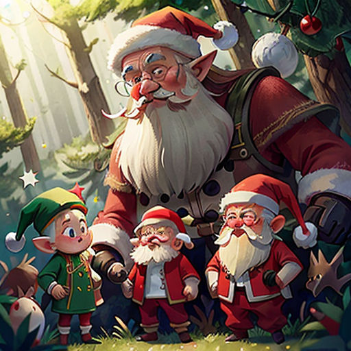 a group of santa clauss standing in the woods with a christmas tree in the background and a christmas tree in the foreground