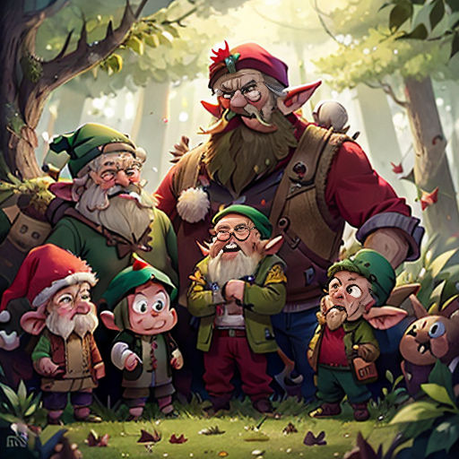 a group of gnomes standing in the woods together with a forest background and trees in the background, all dressed in green and red