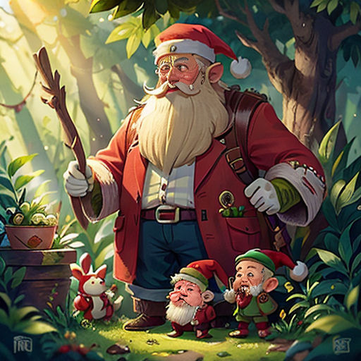 a painting of a santa claus with elves in the forest with a tree and a box of presents in front of him