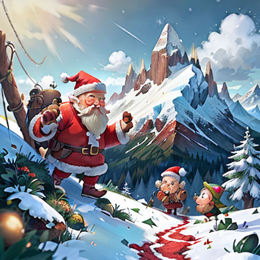 a painting of santa claus in the snow with his elves and elves in the background, and a mountain range in the background