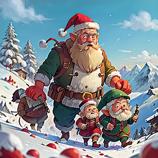 a painting of santa claus and his elves in the snow with a santa clause on his back and a sleigh