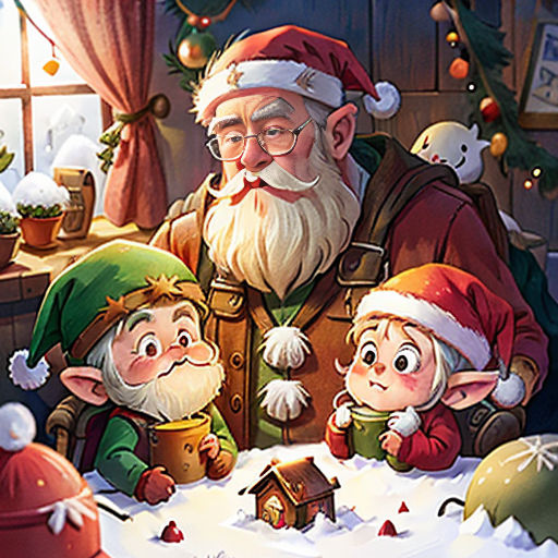 a painting of a santa and three elves in a snowy scene with a christmas tree and a house in the background