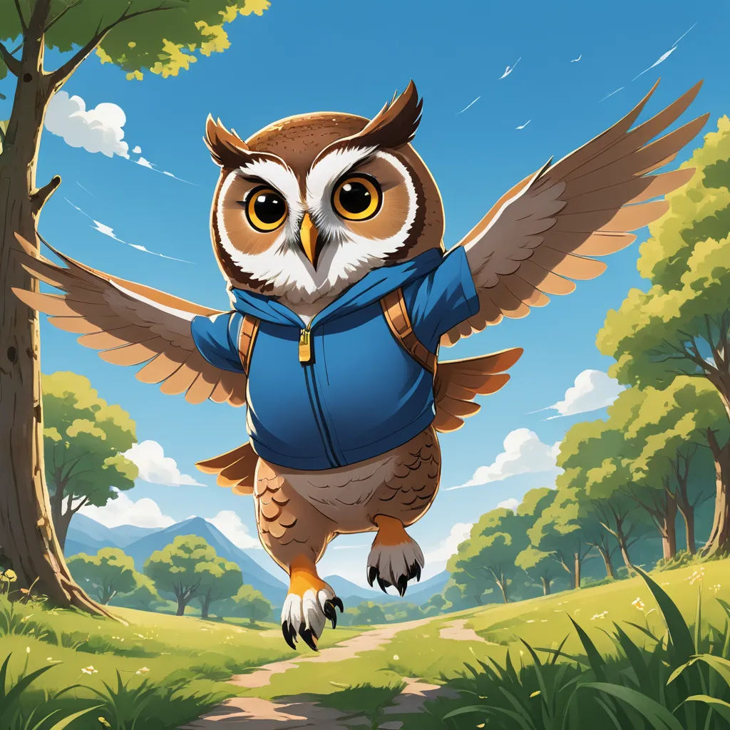 a cartoon owl flying through a forest with trees and grass in the background, with a blue jacket on, sots art, a storybook illustration, Chris LaBrooy, game art