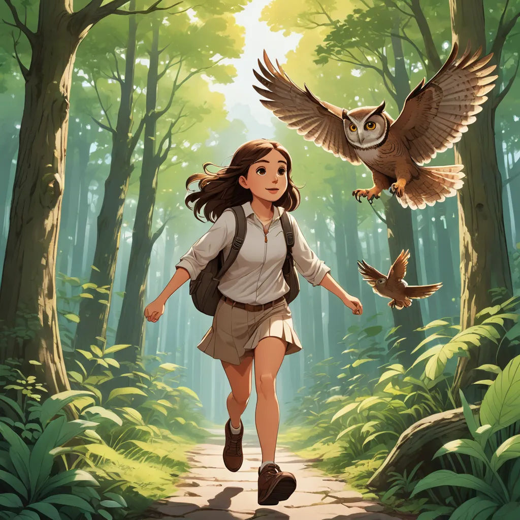 a girl is walking through a forest with an owl on her shoulder and a bird flying above her head, fantasy art, a storybook illustration, Clint Cearley, official art