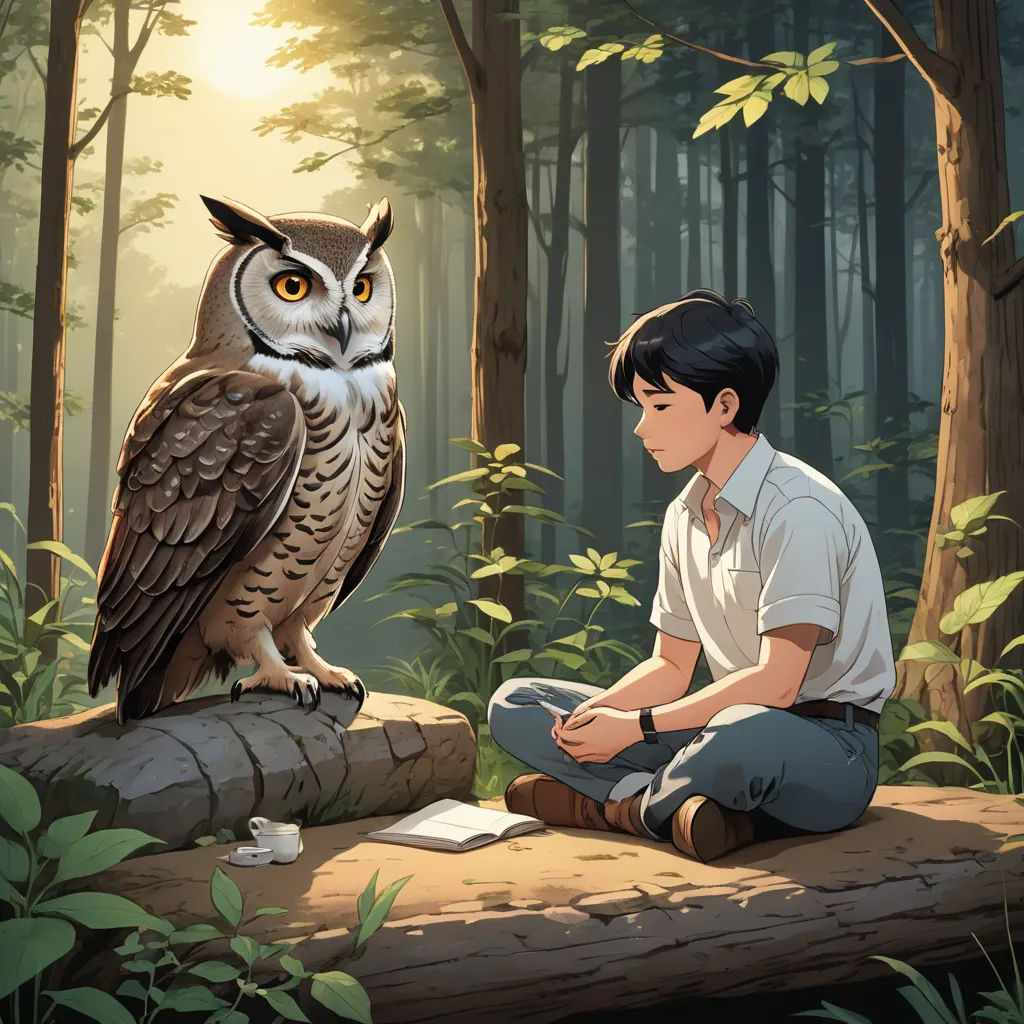 a boy sitting on a log with an owl on his lap in the woods, looking at him, with a forest background, fantasy art, a storybook illustration, Cyril Rolando, storybook illustration