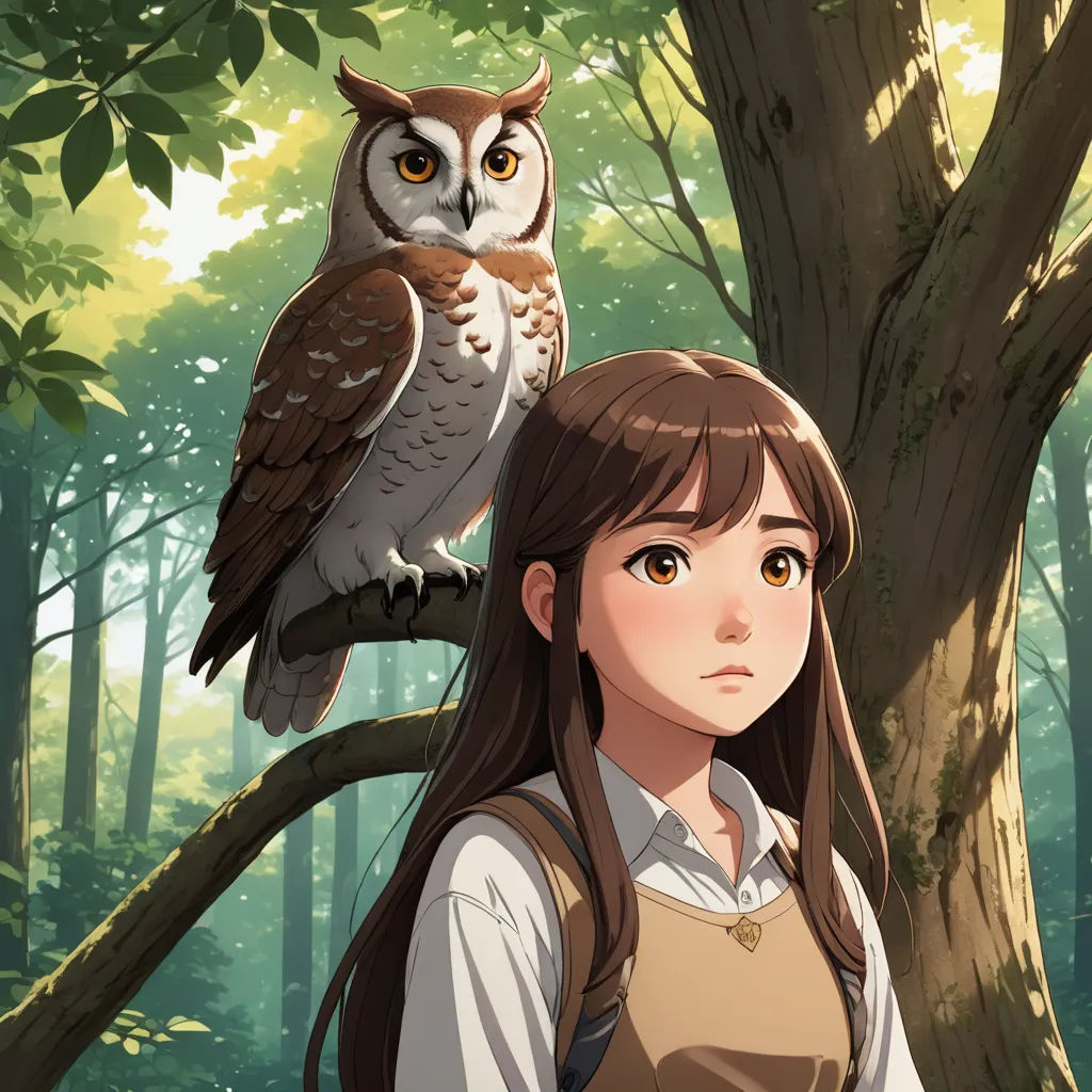 a girl with a backpack and an owl on her shoulder in a forest with trees and leaves, with a forest background, sots art, a character portrait, Clarice Beckett, official art