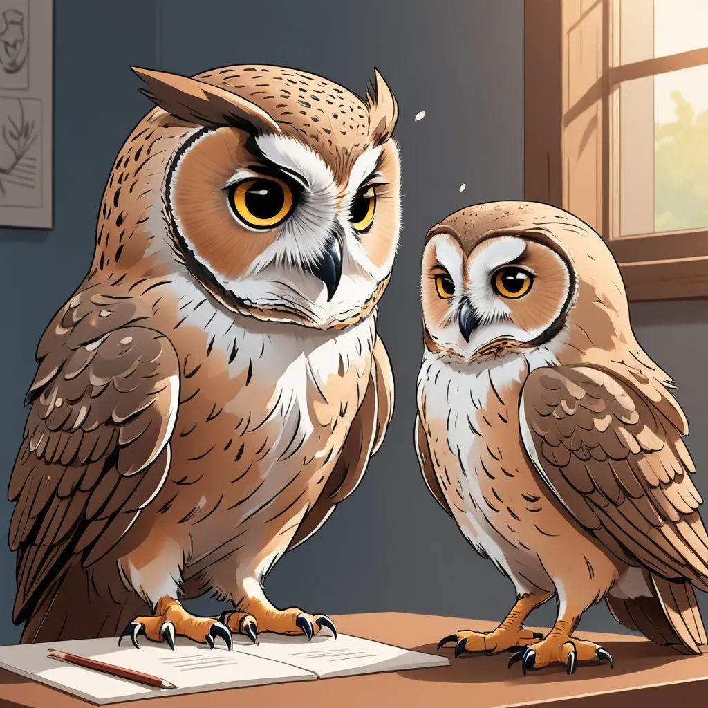 two owls sitting on a desk with a window in the background and a book in front of them,, sots art, a stock photo, Dan Mumford, trending on art station