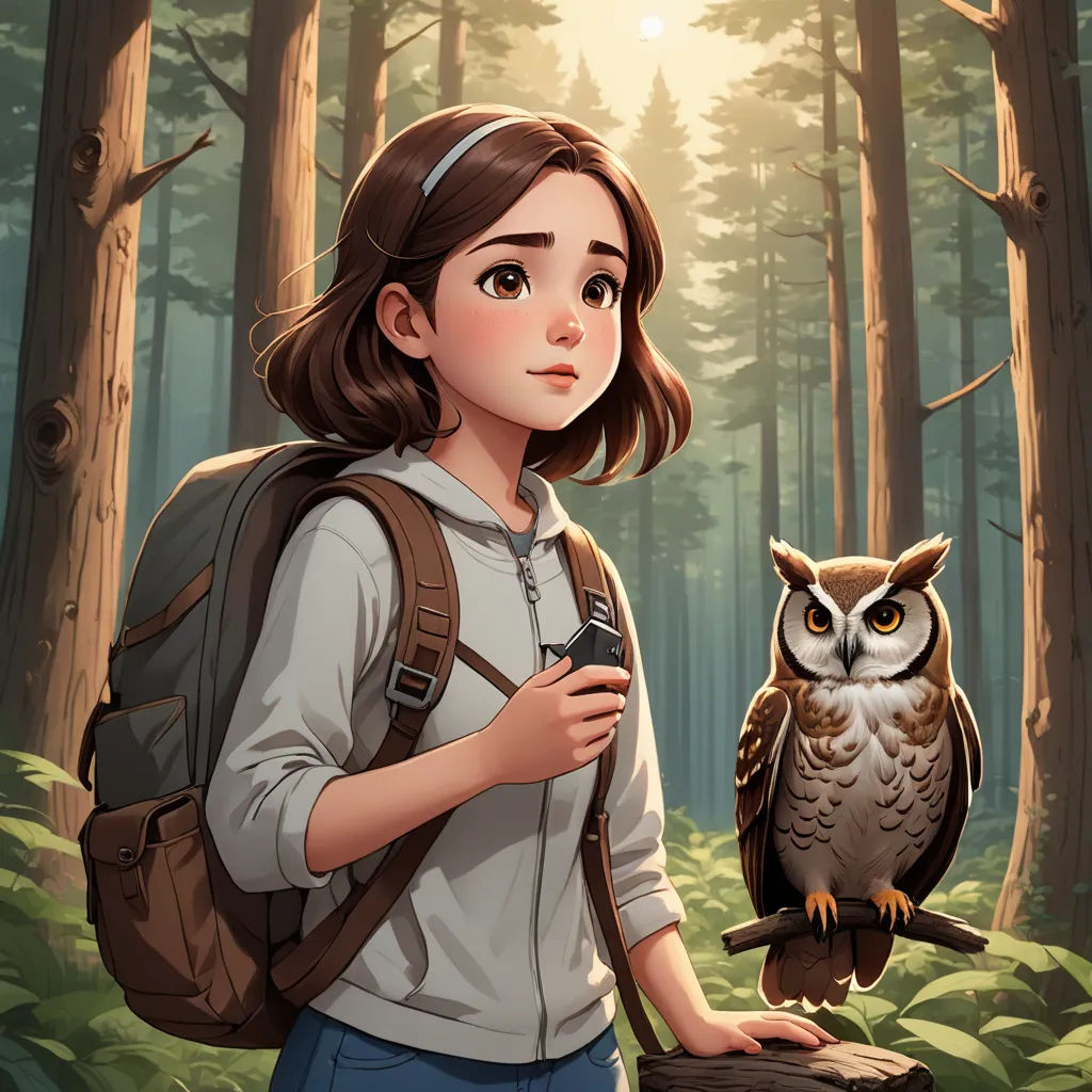a girl with a backpack and an owl in a forest with sunlight shining through the trees and leaves on the ground, sots art, a character portrait, Clarice Beckett, official art