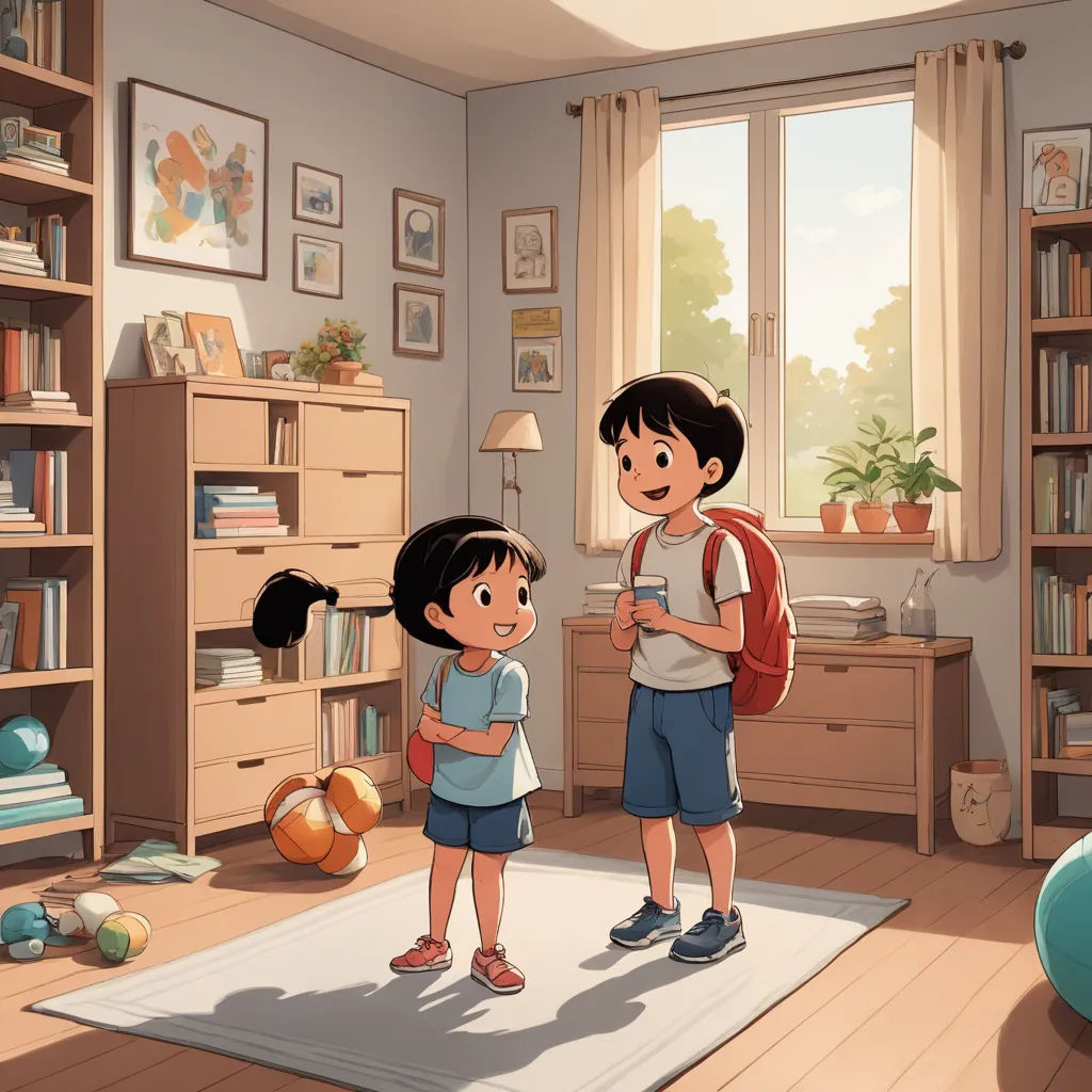 a boy and a girl standing in a room with a rug and a bookcase full of books and a window, paris school, a storybook illustration, Diego Gisbert Llorens, storybook illustration