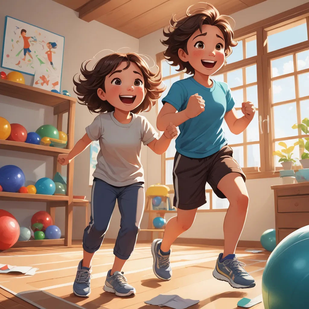 a couple of kids running through a room with exercise balls and a gym ball on the floor in front of them, american scene painting, a storybook illustration, Diego Gisbert Llorens, trending on art station