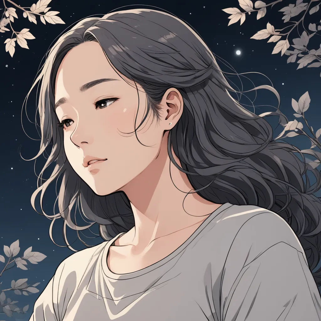 a woman with long hair standing in front of a tree with leaves on it and a night sky behind her, sots art, a character portrait, Choi Buk, character portrait