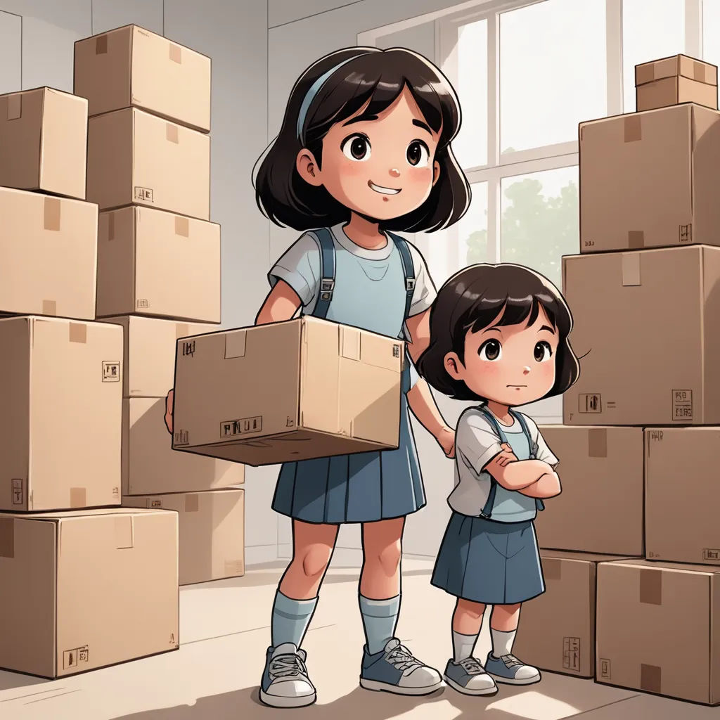 a girl and a girl standing in front of boxes in a room with windows and a window behind them, serial art, a storybook illustration, Atey Ghailan, rossdraws global illumination