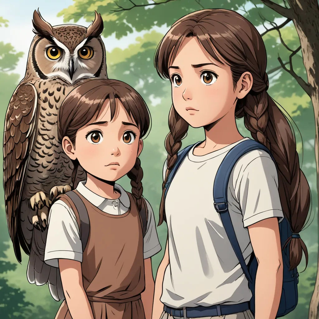 a girl and a girl with an owl on her shoulder standing in front of a tree with a forest background, sots art, a character portrait, Ayami Kojima, official art