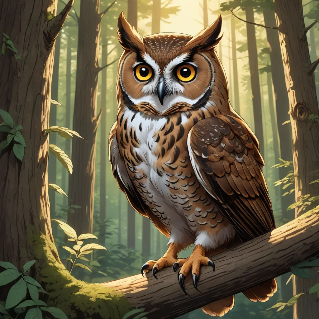 a painting of an owl sitting on a branch in a forest with trees and leaves around it, with the sun shining through the trees, fantasy art, a storybook illustration, Dan Mumford, highly detailed digital painting