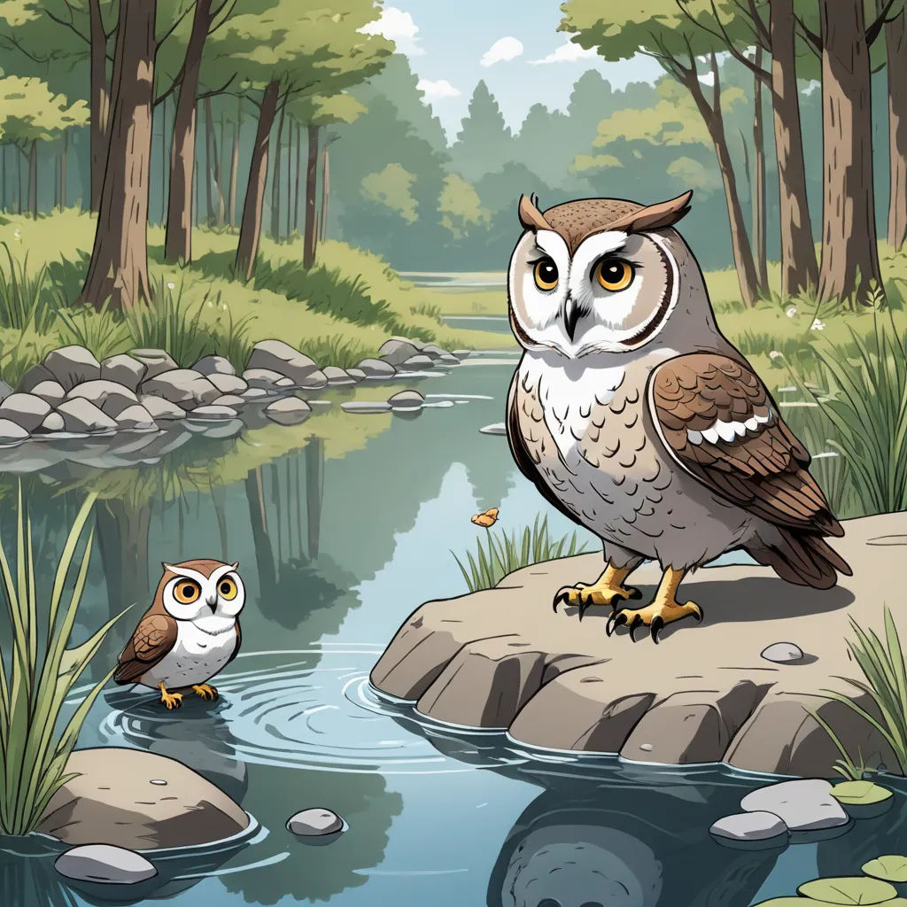 a bird sitting on a rock next to a river with an owl standing on it's side next to it, environmental art, a storybook illustration, Dan Mumford, storybook illustration