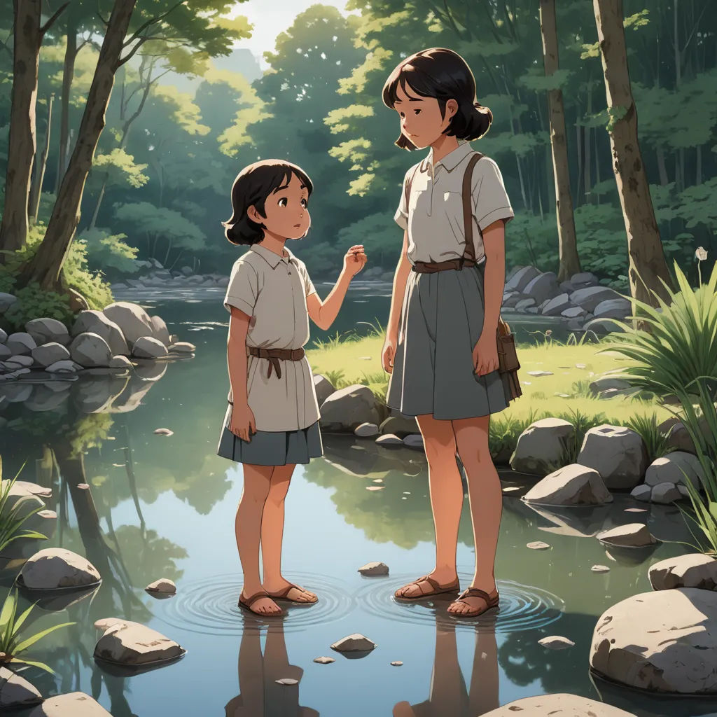 a couple of people standing in a river next to a forest with rocks and trees on the shore of a river, serial art, poster art, Anne Said, official art