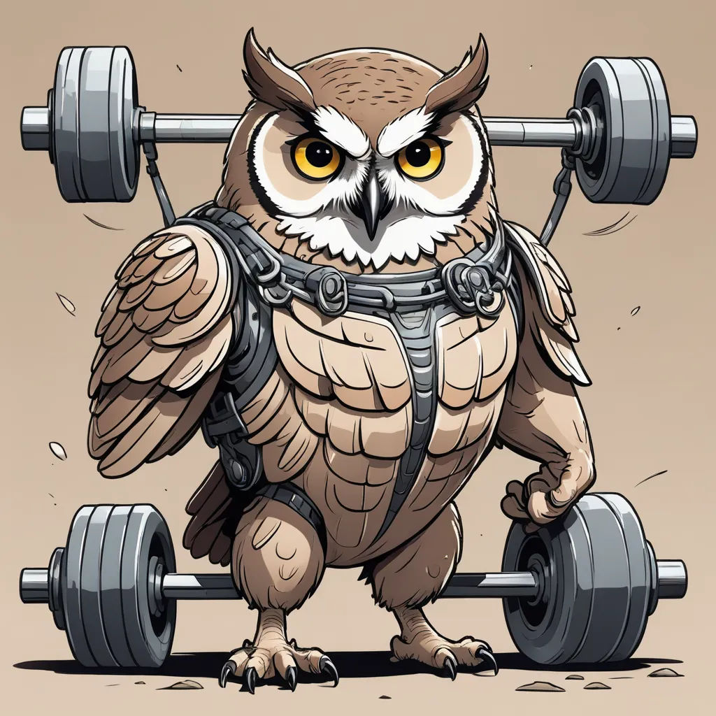 an owl with a barbell on its back and a weight machine behind it, with a barbell on its back, pop surrealism, a character portrait, Chris LaBrooy, strong