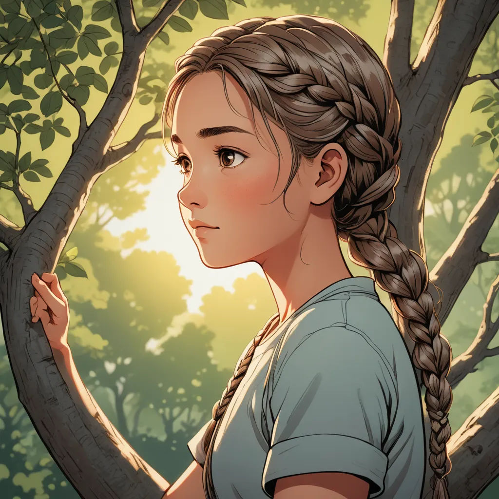 a girl with braids standing in front of a tree with the sun shining through the leaves on it, fantasy art, a character portrait, Artgerm, rossdraws global illumination