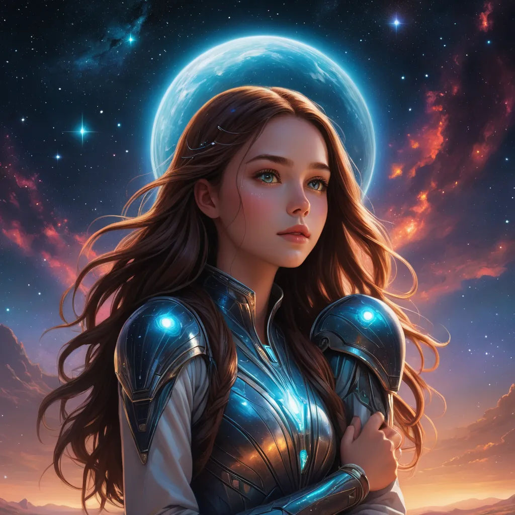 a woman in a blue suit standing in front of a moon and stars filled sky with a full moon, fantasy art, a detailed painting, Anne Stokes, fantasy artwork