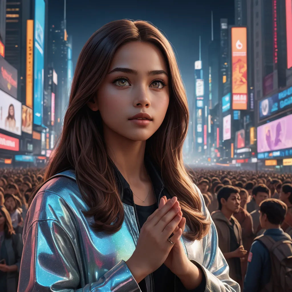 a woman standing in front of a crowd of people in a city at night with a cityscape in the background, photorealism, cyberpunk art, Clint Cearley, rossdraws global illumination
