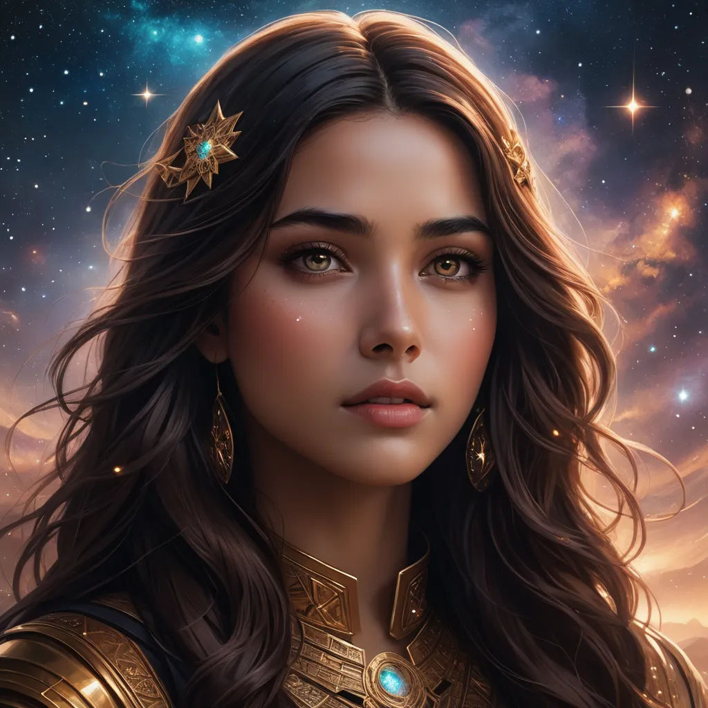 a painting of a woman in a gold outfit with stars on her head and a sky background with stars, fantasy art, a digital painting, Charlie Bowater, fantasy character portrait