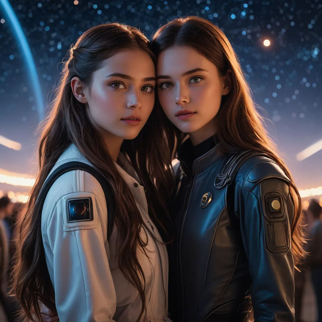 two young women standing next to each other in front of a night sky with stars and a bright light, space art, poster art, Eve Ryder, vfx