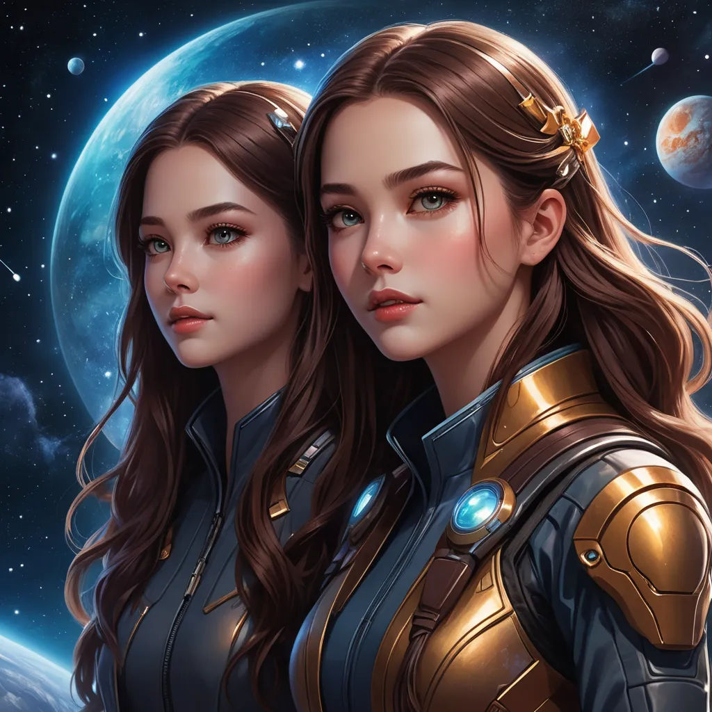 two women in space with planets in the background and a moon in the sky behind them, both wearing gold and black, space art, a detailed painting, Artgerm, stanley artgerm lau