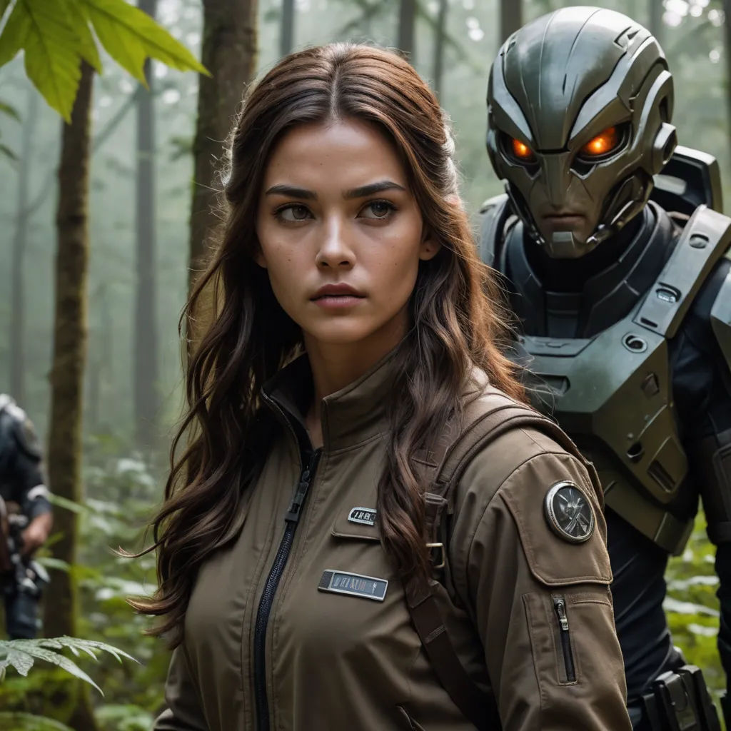 a woman in a brown jacket and a man in a black suit in the woods with trees and plants, antipodeans, a comic book panel, Eve Ryder, promotional image