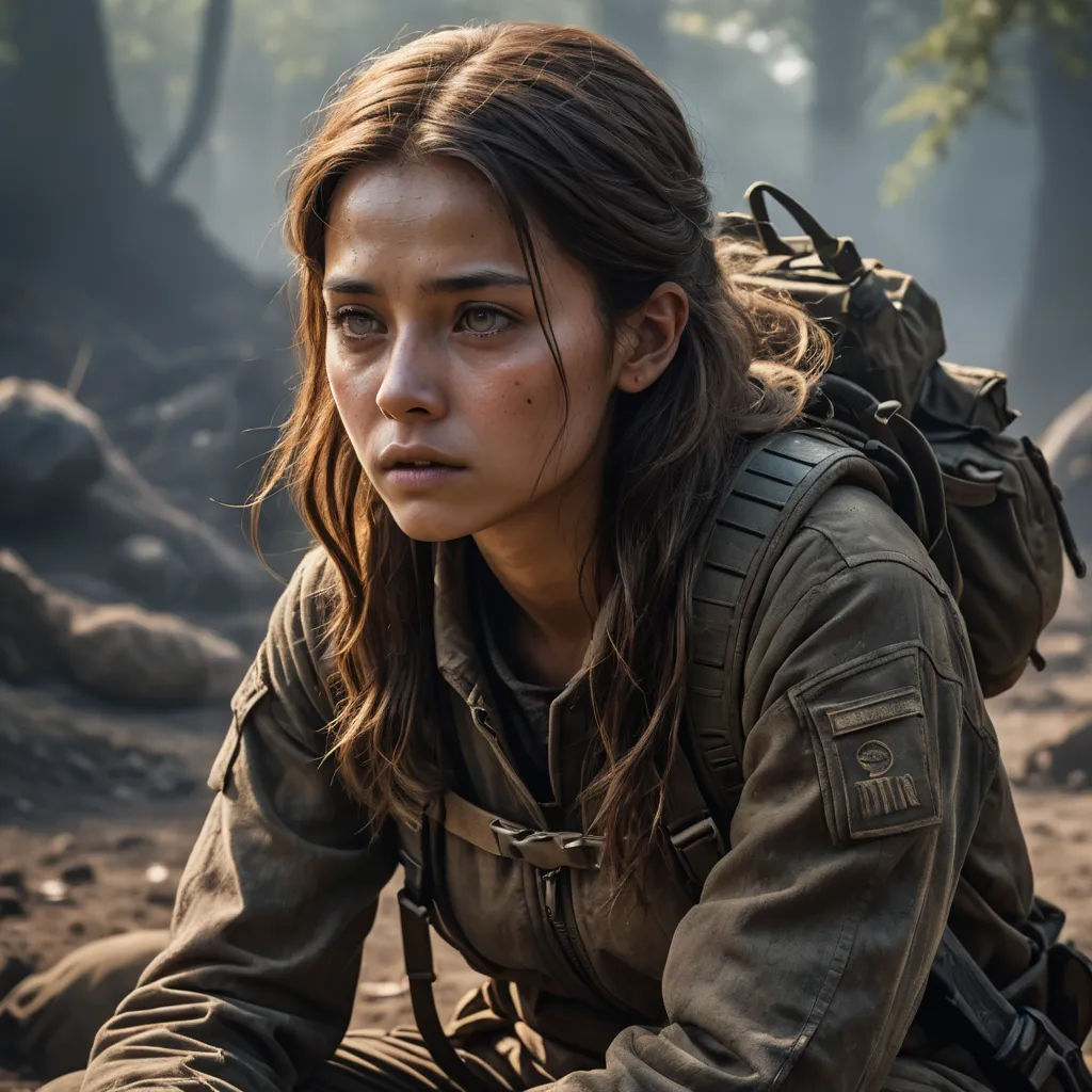 a woman in a military uniform crouching down in the woods with a backpack on her back and a backpack on her shoulder, antipodeans, a character portrait, Elina Karimova, promotional image