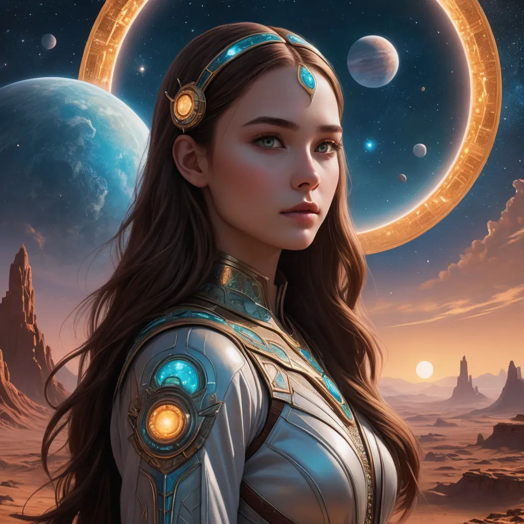 a woman in a space suit with a crescent around her neck and a ring around her neck, standing in front of a distant landscape, fantasy art, a digital painting, Charlie Bowater, fantasy artwork