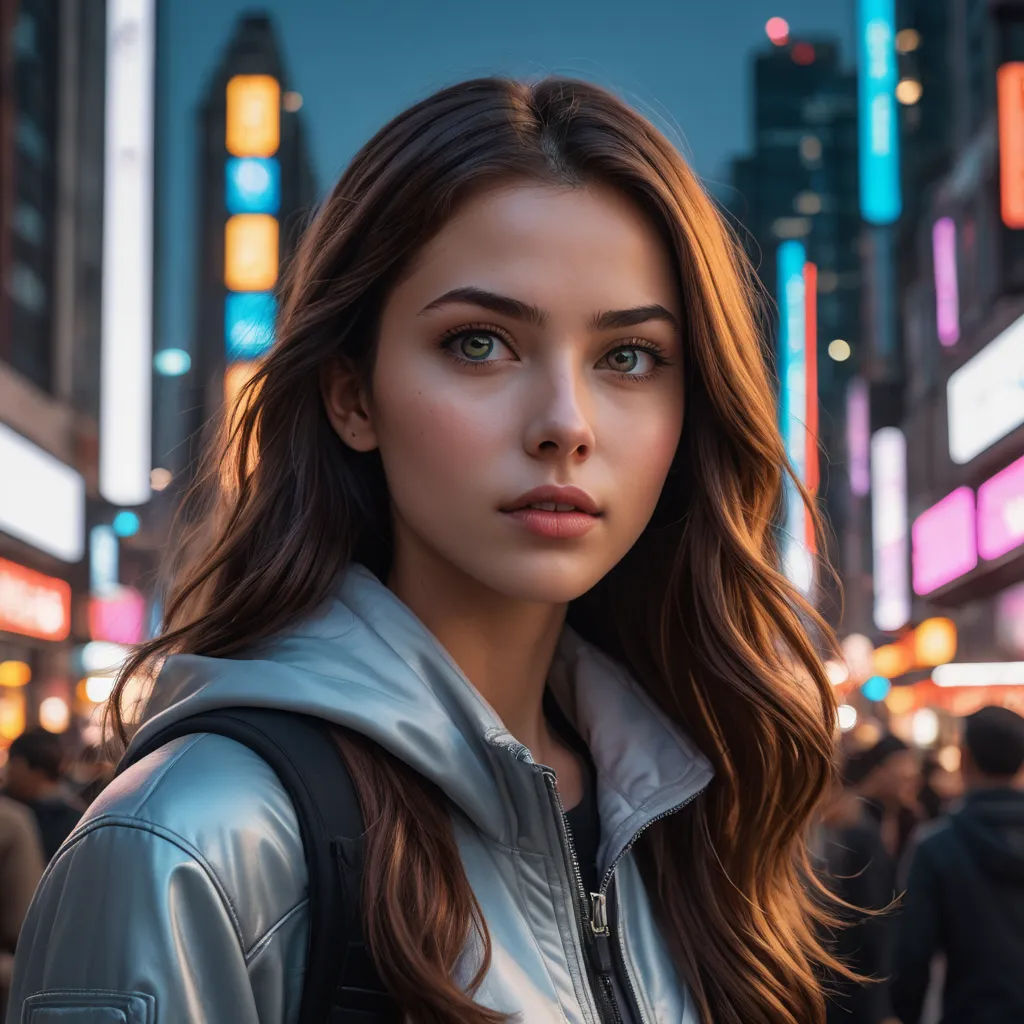 a woman in a city at night with a cityscape in the background and a neon sign in the foreground, computer art, a photorealistic painting, Dave Melvin, photorealistic portrait