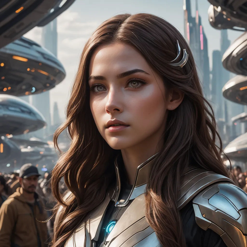 a woman in a suit of armor standing in front of a crowd of people in a futuristic city with futuristic structures, retrofuturism, a photorealistic painting, Eve Ryder, cgstudio