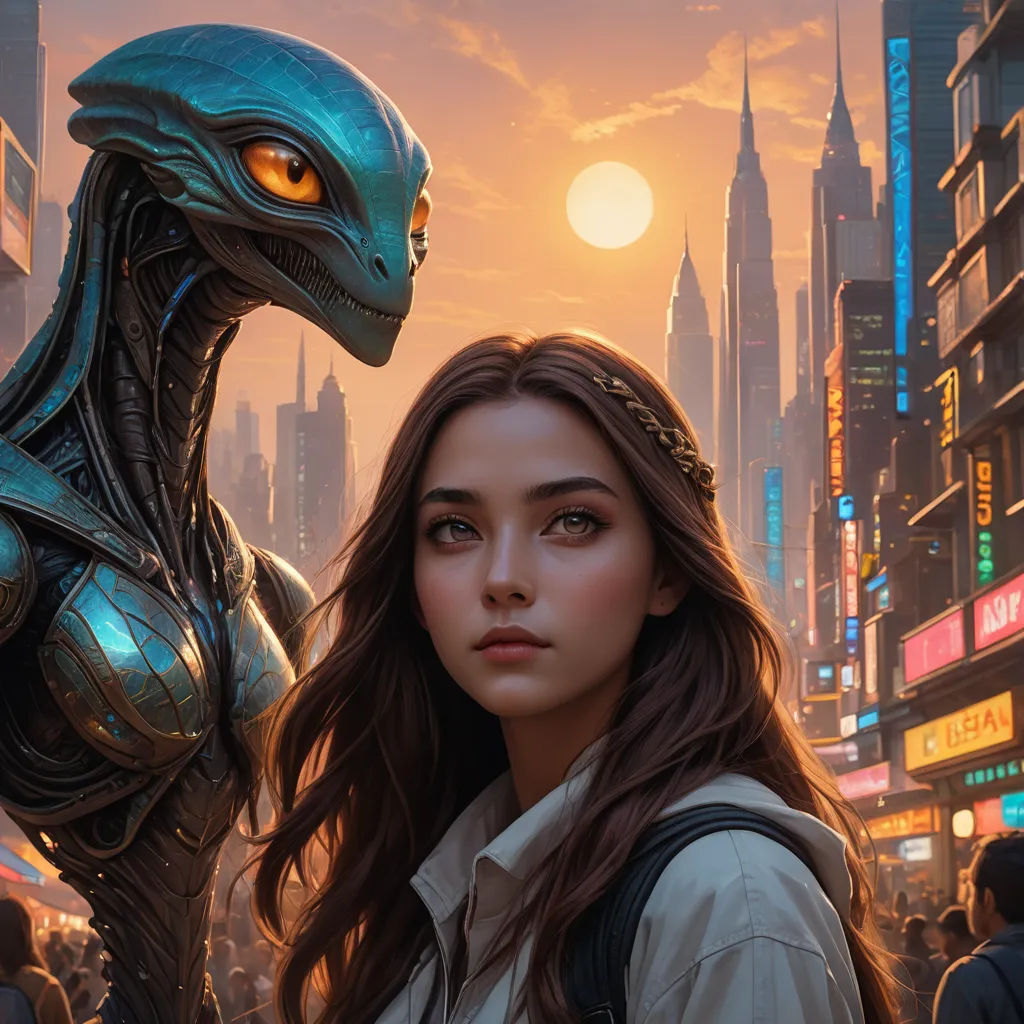 a woman standing in front of a giant alien creature in a city at sunset with a cityscape in the background, fantasy art, cyberpunk art, Clint Cearley, trending on artstation hq
