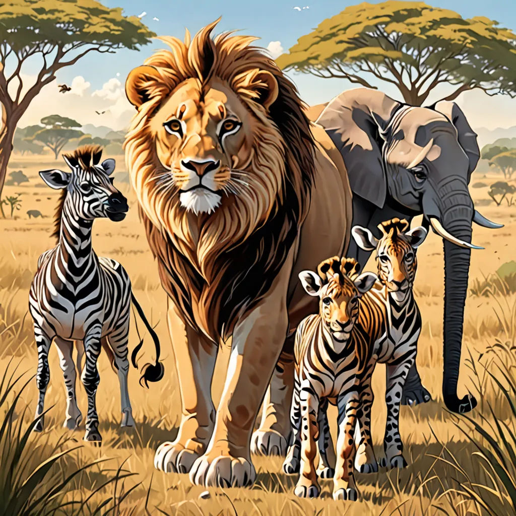 a lion, zebra, and two zebras are in a field with trees and grass in the background, fantastic realism, an airbrush painting, Chris LaBrooy, highly detailed digital painting