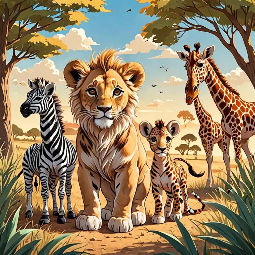 a group of animals standing next to each other on a field of grass and trees with a sky background, furry art, a storybook illustration, Chris LaBrooy, highly detailed digital painting