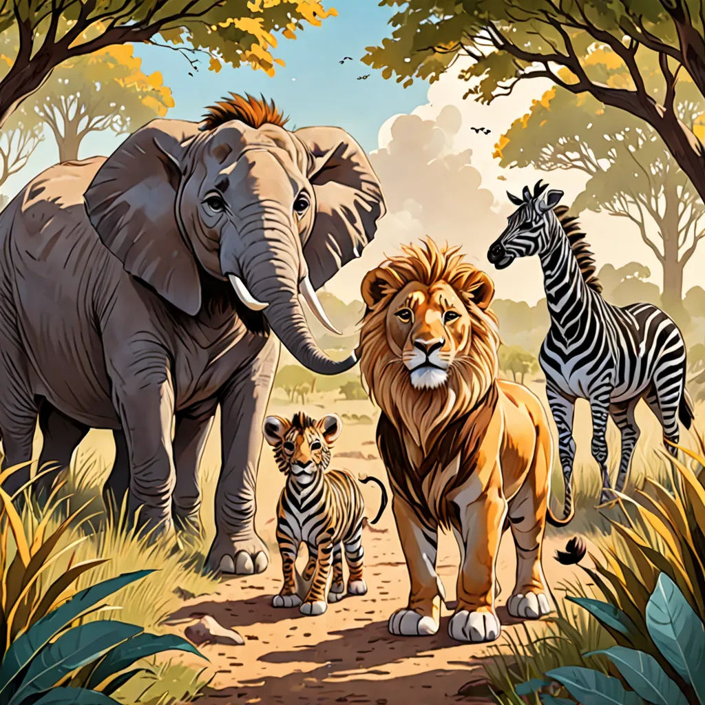 a painting of a family of animals in the wild with a zebra and a lion in the background,, fantastic realism, a storybook illustration, Chris LaBrooy, high detail illustration