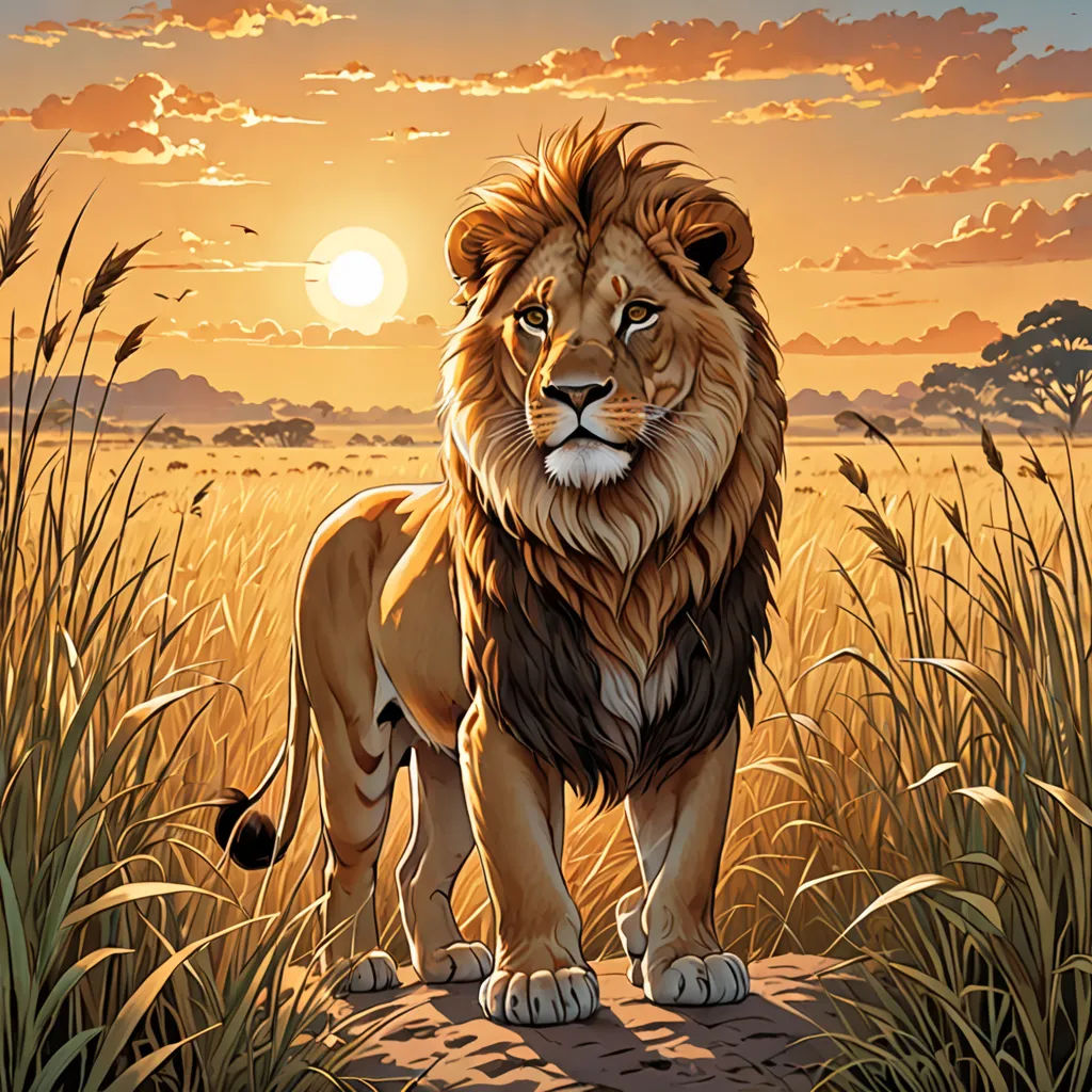 a lion standing in a field of tall grass at sunset with the sun in the background and clouds in the sky, furry art, a digital rendering, Anne Stokes, majestic