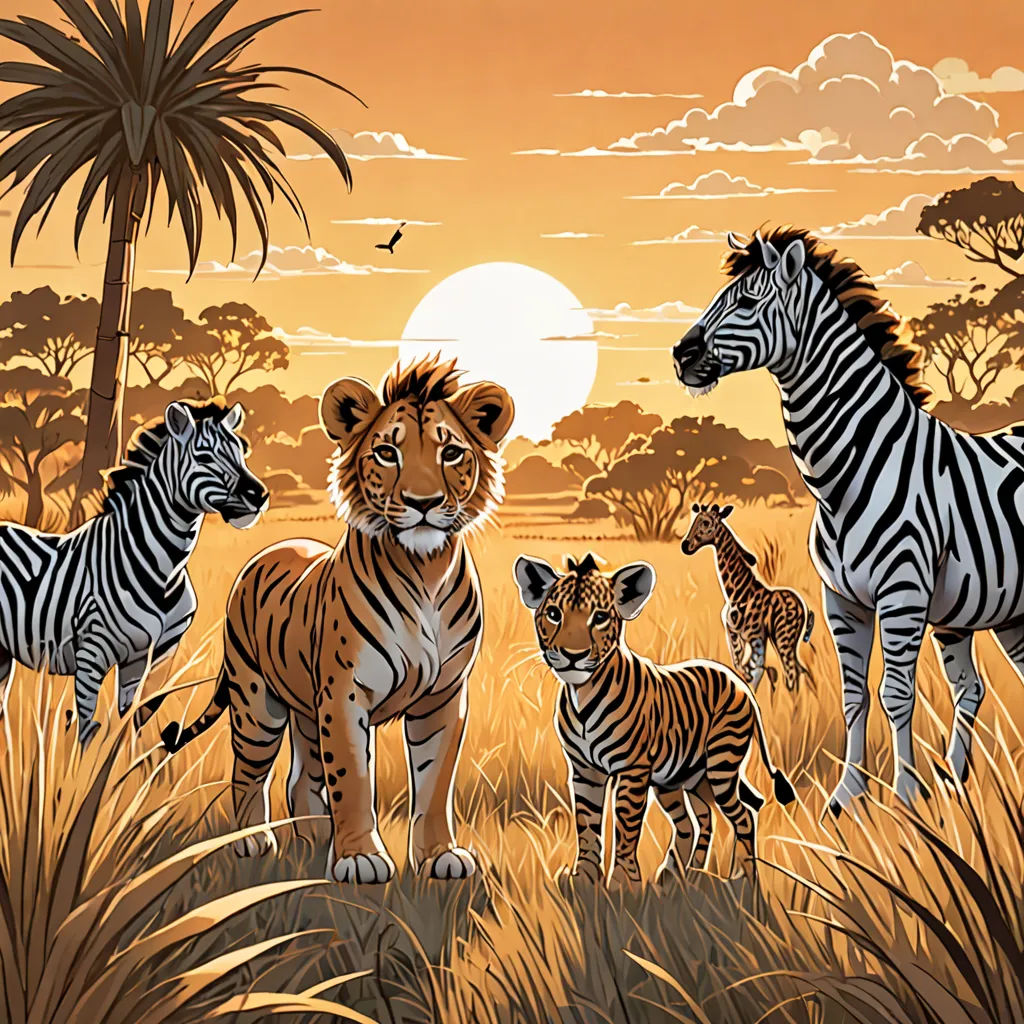 a group of zebras and a giraffe in a field of grass with a sunset in the background, naturalism, a storybook illustration, David Martin, furaffinity