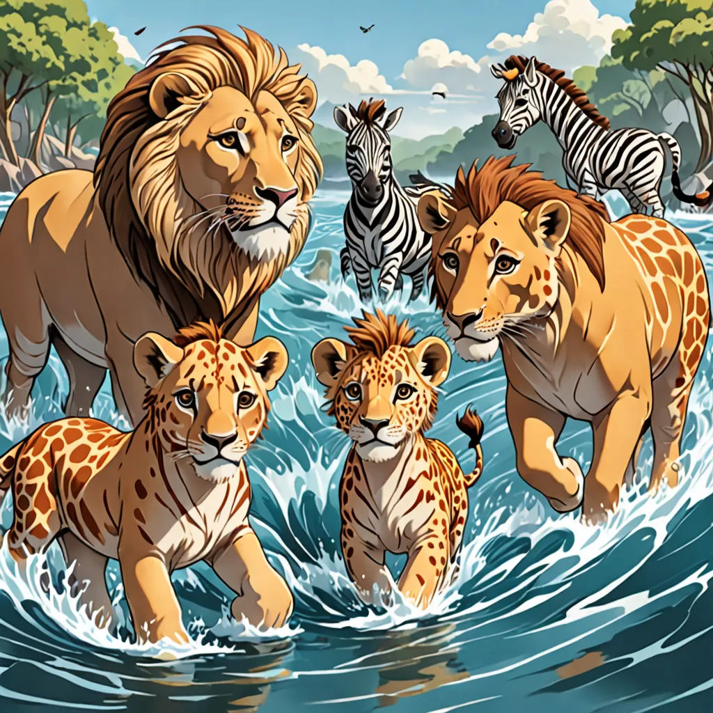 a group of wild animals walking through a river together with zebras and lions in the background, with a blue sky and clouds, furry art, a storybook illustration, Brothers Hildebrandt, furaffinity