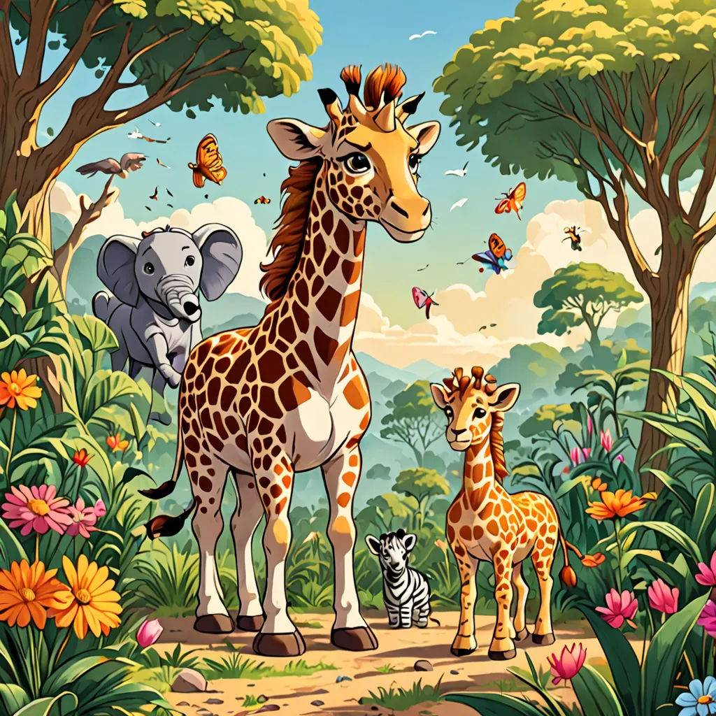 a giraffe and two zebras in a jungle with a baby zebra and an adult zebra in the foreground, pop surrealism, a storybook illustration, Chris LaBrooy, furaffinity