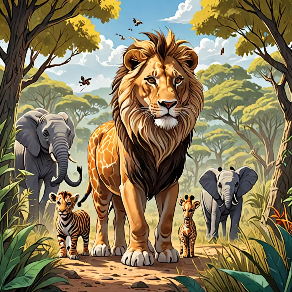 a painting of a lion and two cubs in a jungle setting with trees and butterflies in the background and a blue sky, naturalism, a storybook illustration, Chris LaBrooy, official art