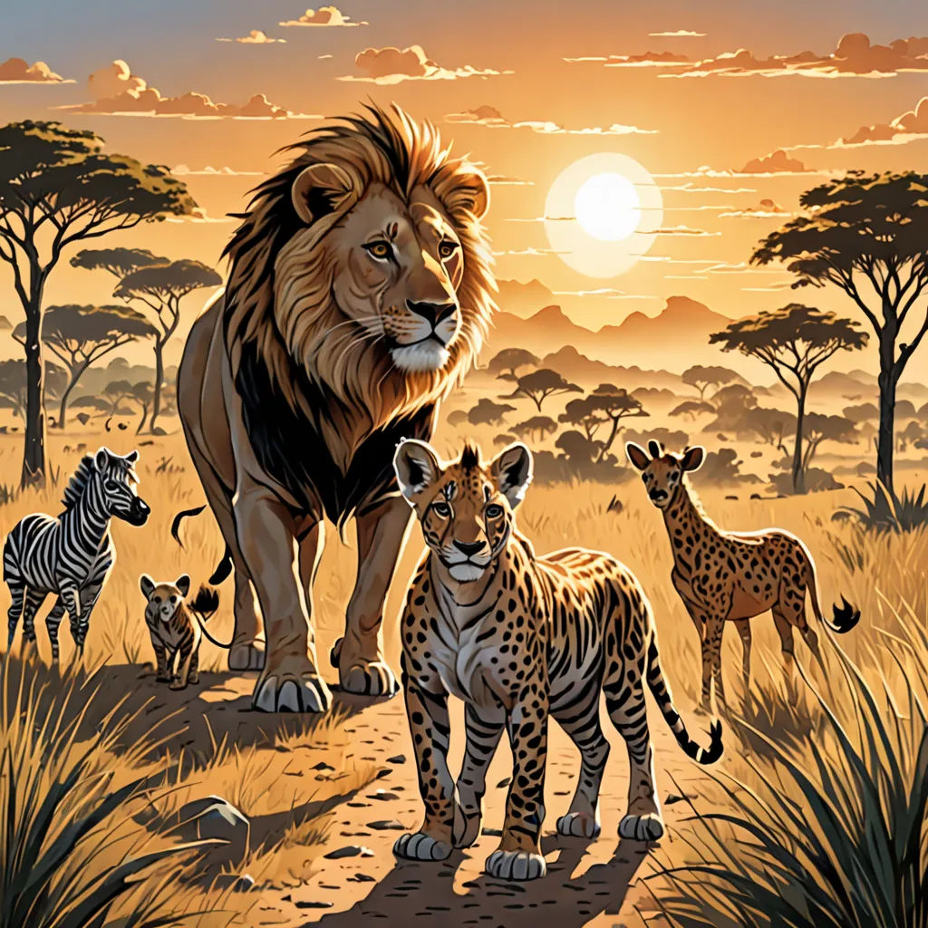 a painting of a lion and two cubs walking in the wild with a sunset in the background and a zebra and giraffes in the foreground, naturalism, an airbrush painting, Brothers Hildebrandt, nature