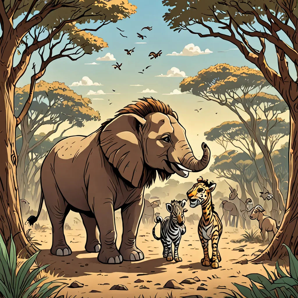a cartoon of a baby elephant and two adult zebras in a forest with trees and birds in the background, sumatraism, a storybook illustration, Chris LaBrooy, storybook illustration