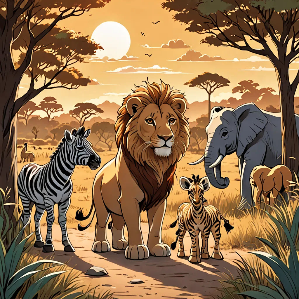 a group of animals standing on a dirt road near trees and bushes with a sunset in the background and a zebra and a lion, naturalism, a storybook illustration, Chris LaBrooy, detailed illustration