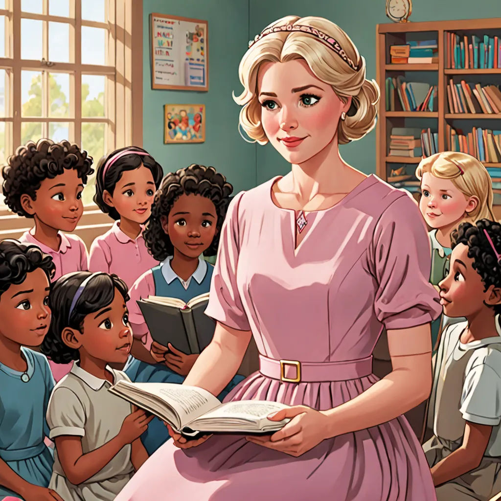 a woman reading a book in a classroom with children looking on from behind her and a teacher standing behind her, american scene painting, a storybook illustration, Constance Gordon-Cumming, storybook illustration