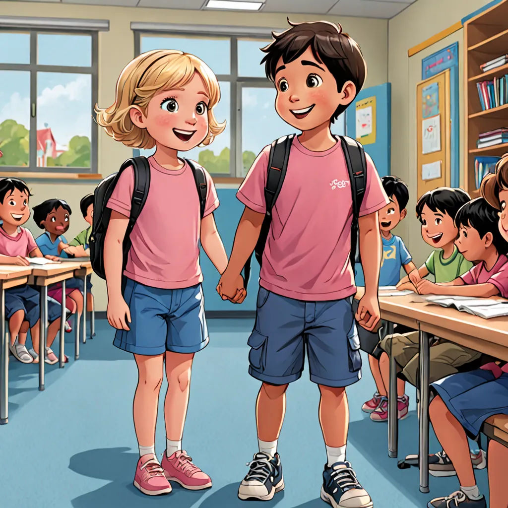 a couple of kids standing in front of a classroom full of students with backpacks on their backs and one holding hands, paris school, a storybook illustration, Diego Gisbert Llorens, official art