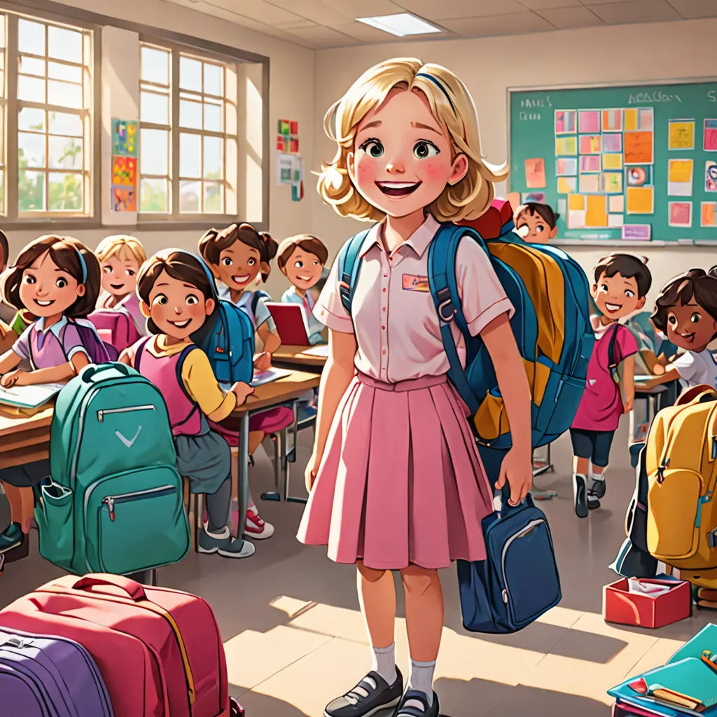 a girl in a school uniform stands in front of a classroom full of children with backpacks and books, american scene painting, a storybook illustration, Alejandro Burdisio, official art