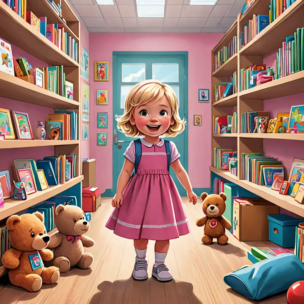 a little girl standing in a room with bookshelves and stuffed animals on the floor and a teddy bear on the floor, photorealism, a storybook illustration, Chris LaBrooy, storybook illustration