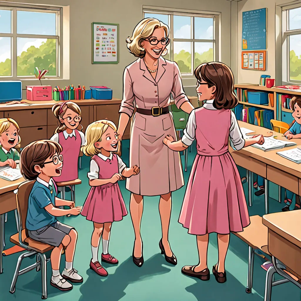 a teacher teaching children in a classroom with a teacher standing in front of her and a teacher standing behind her, american scene painting, a storybook illustration, Constance Copeman, storybook illustration