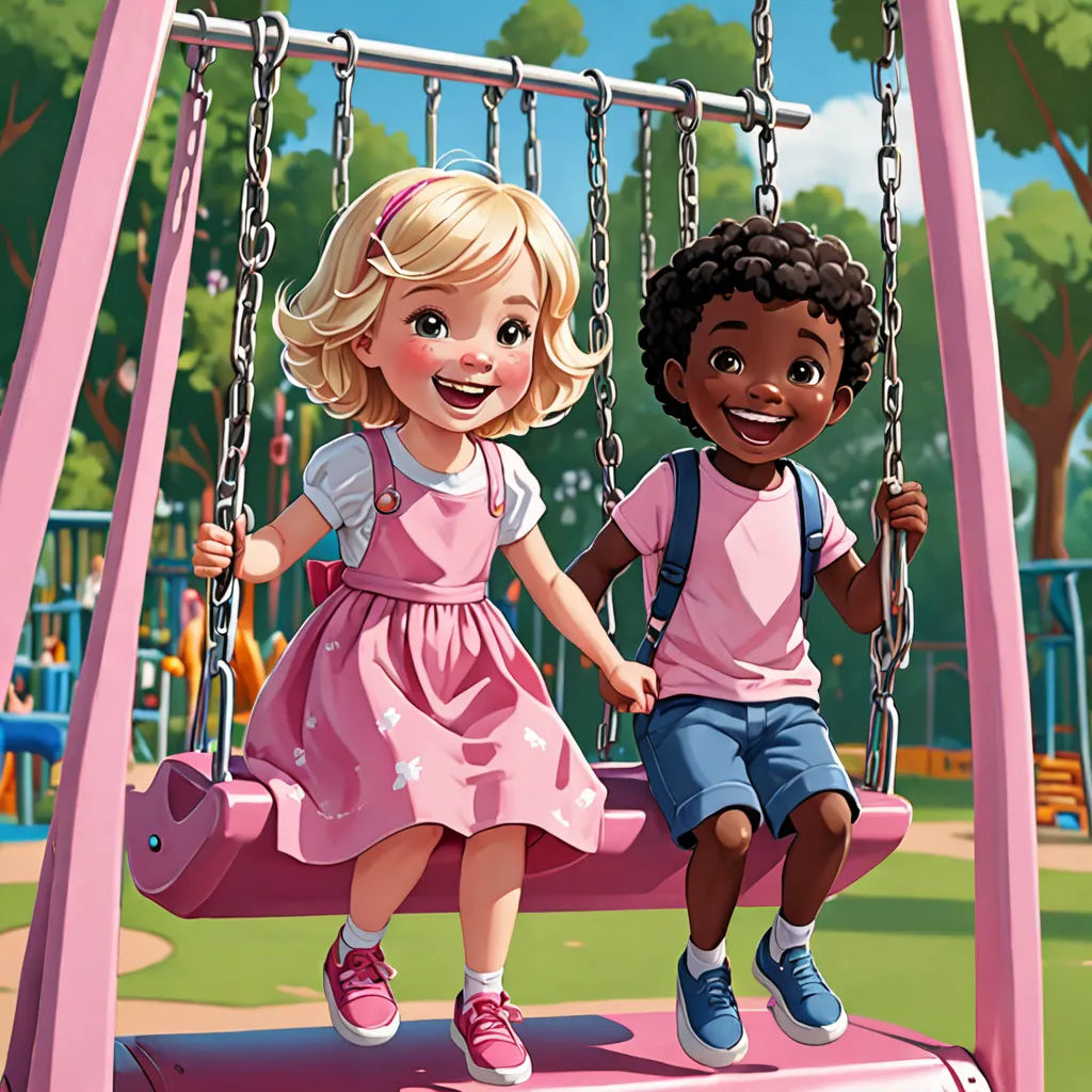 a couple of kids that are on a swing together in a park together, one is holding the other's hand, american scene painting, a storybook illustration, disney, storybook illustration